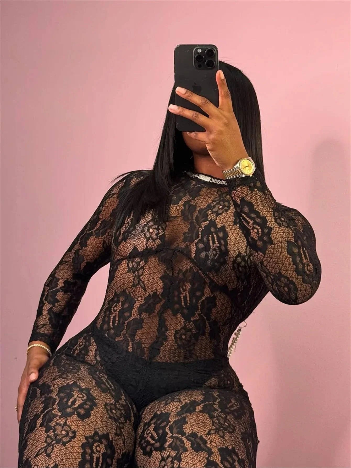 Elegant Black Lace Sheer Jumpsuit