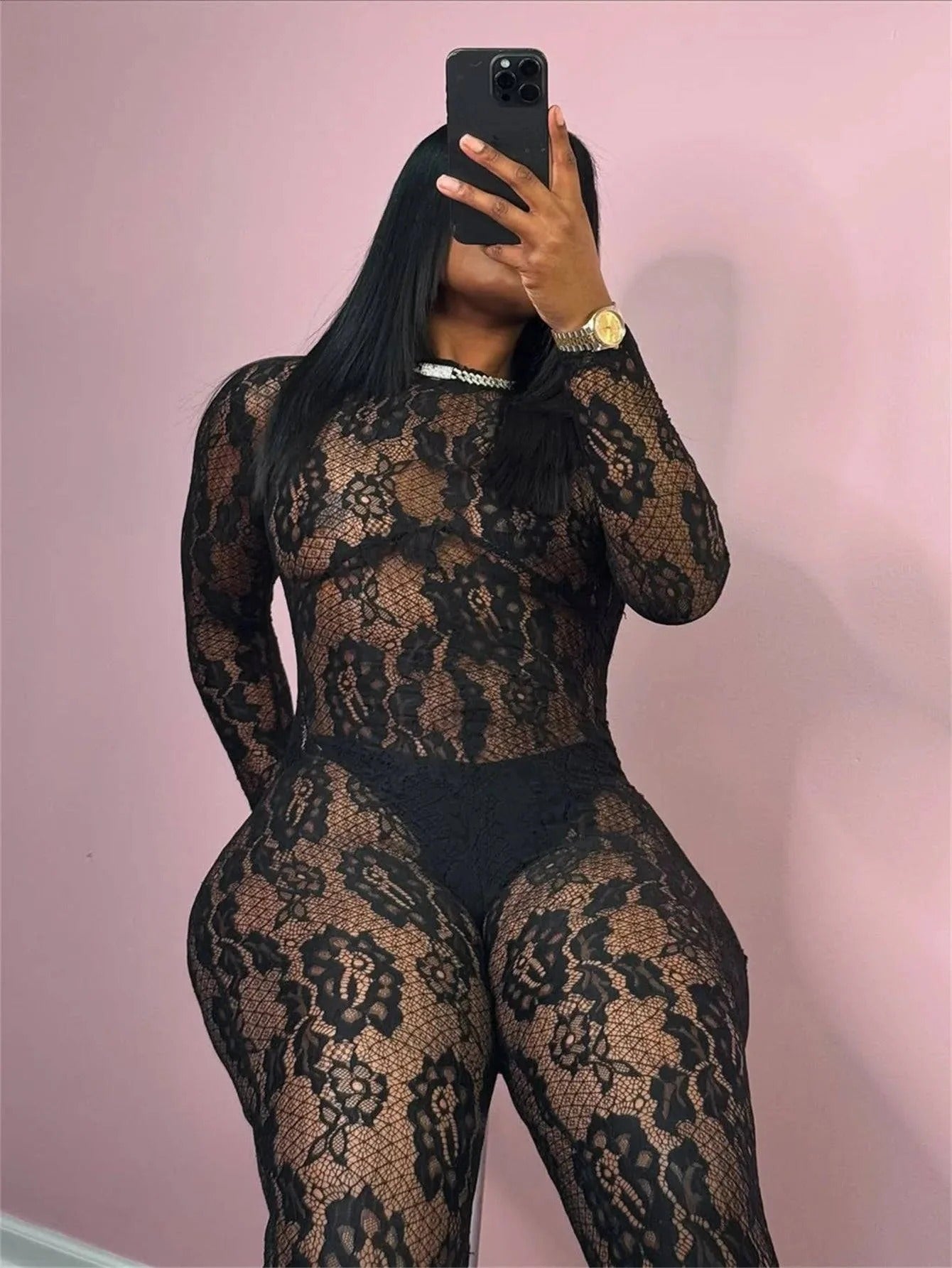 Elegant Black Lace Sheer Jumpsuit