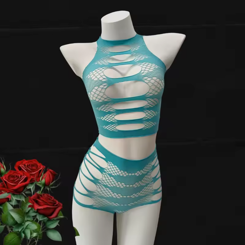 Teal Cut-Out Fishnet Bodysuit Lingerie