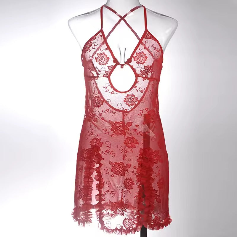 Luxury Lace Mesh Pajama Set – Strappy Sexy Nightwear for Women