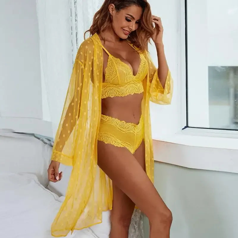 Elegant Embroidered Lace Lingerie Set – 3-Piece Bra, Panty & Sheer Robe