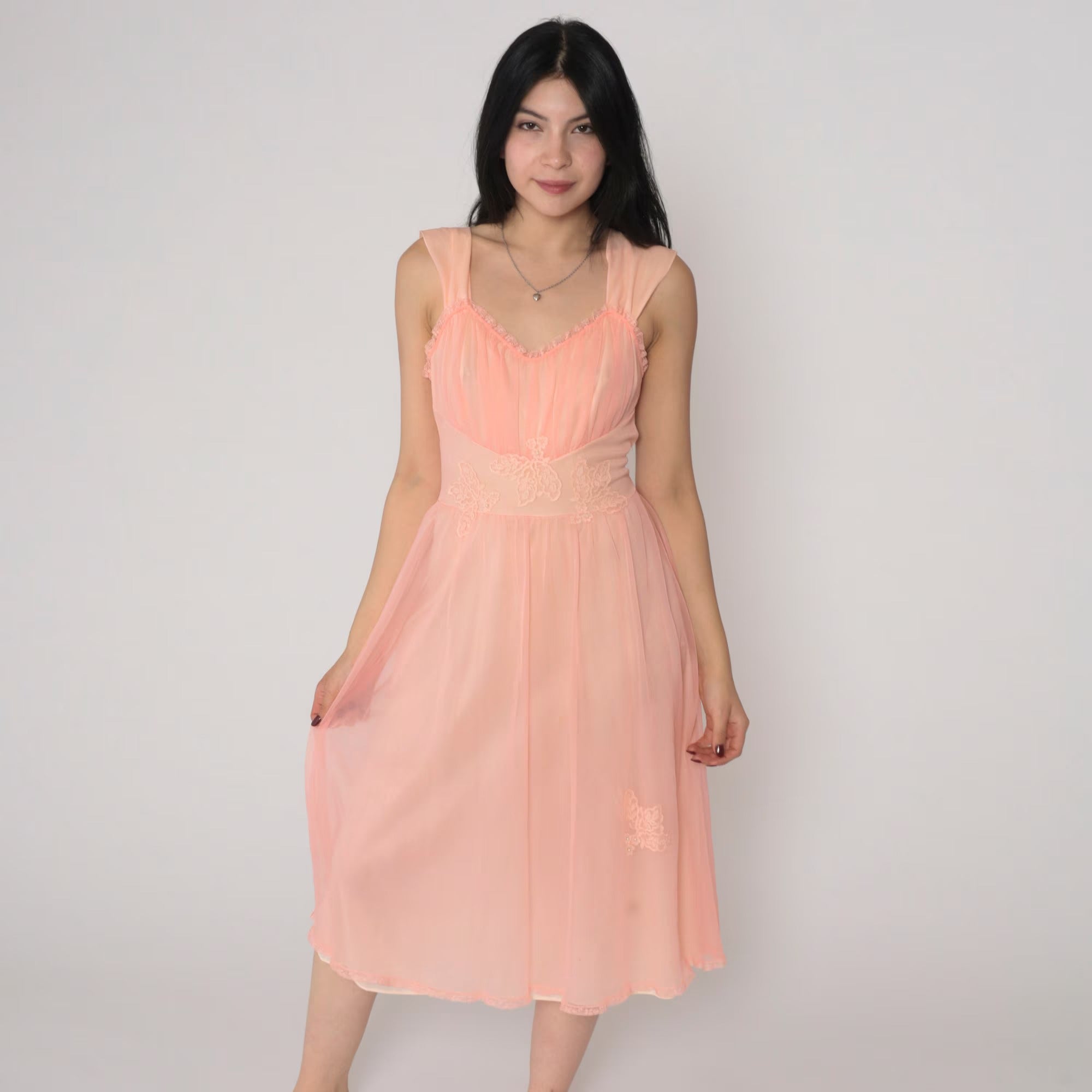 Peach Sheer Lace Mesh Nightgown – Romantic Lingerie Dress