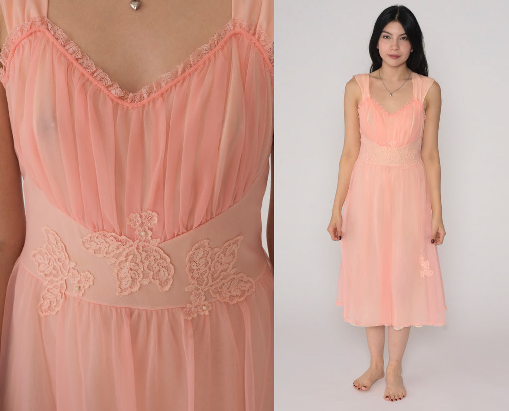 Peach Sheer Lace Mesh Nightgown – Romantic Lingerie Dress
