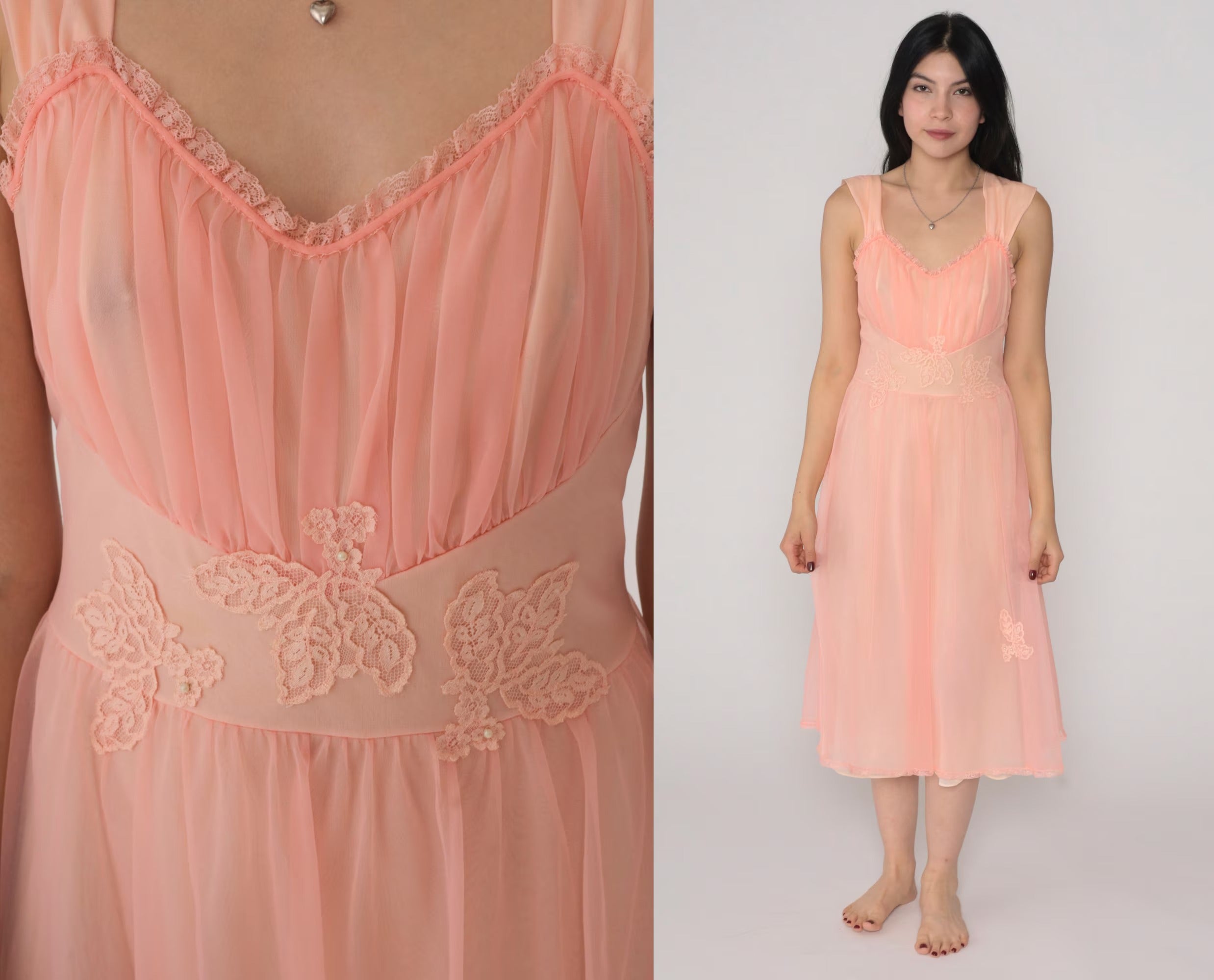 Peach Sheer Lace Mesh Nightgown – Romantic Lingerie Dress