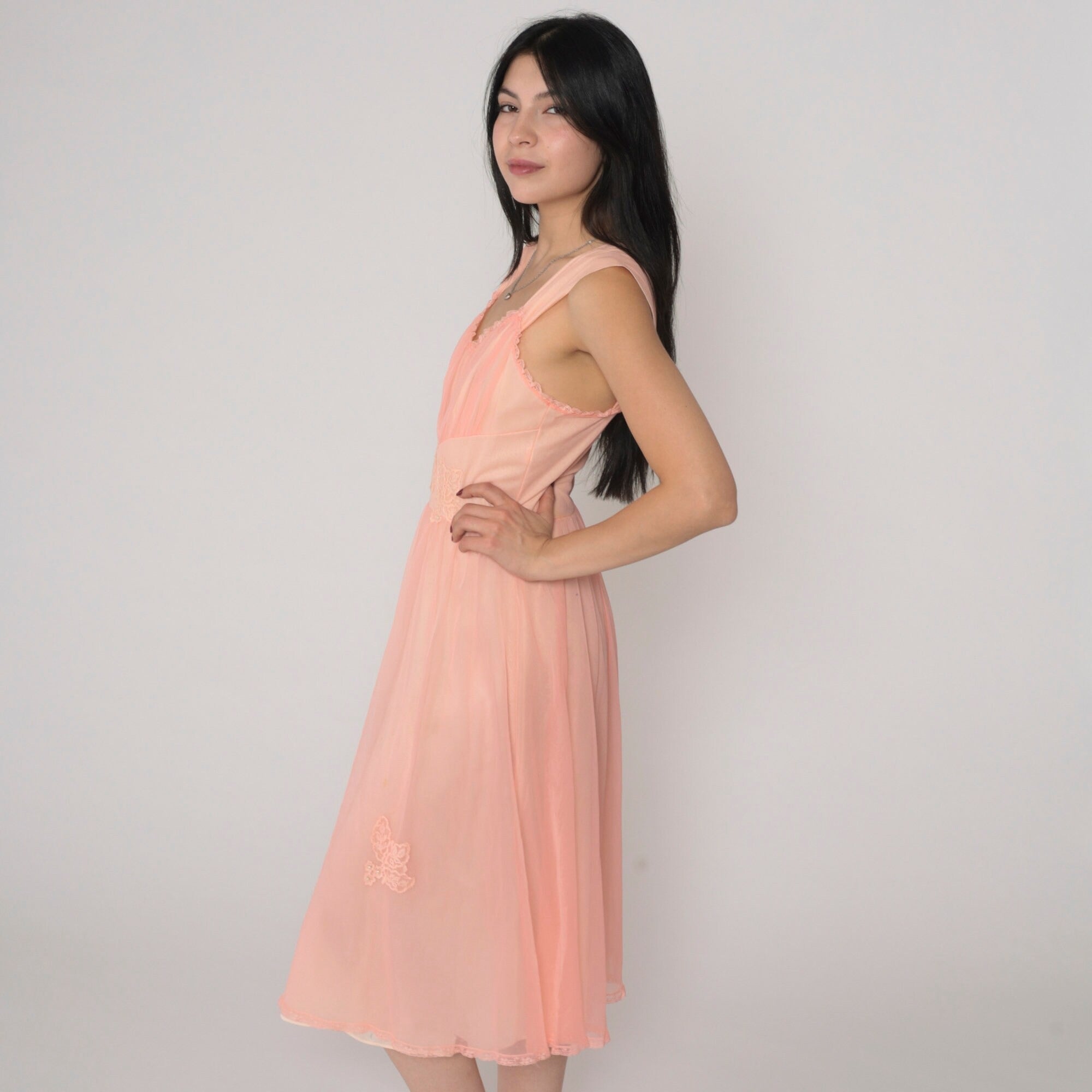 Peach Sheer Lace Mesh Nightgown – Romantic Lingerie Dress