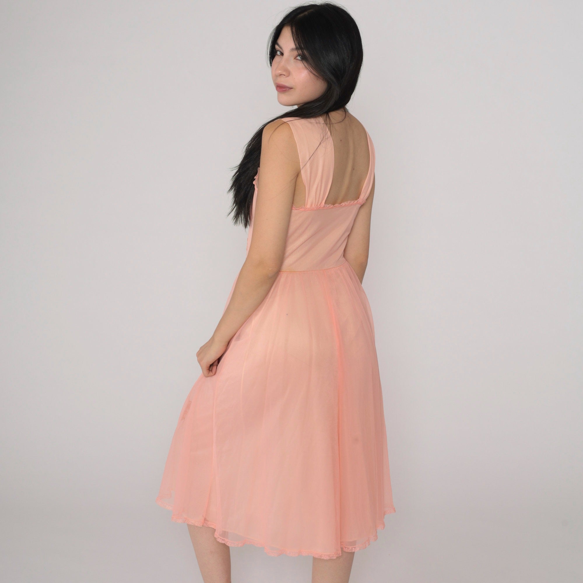 Peach Sheer Lace Mesh Nightgown – Romantic Lingerie Dress