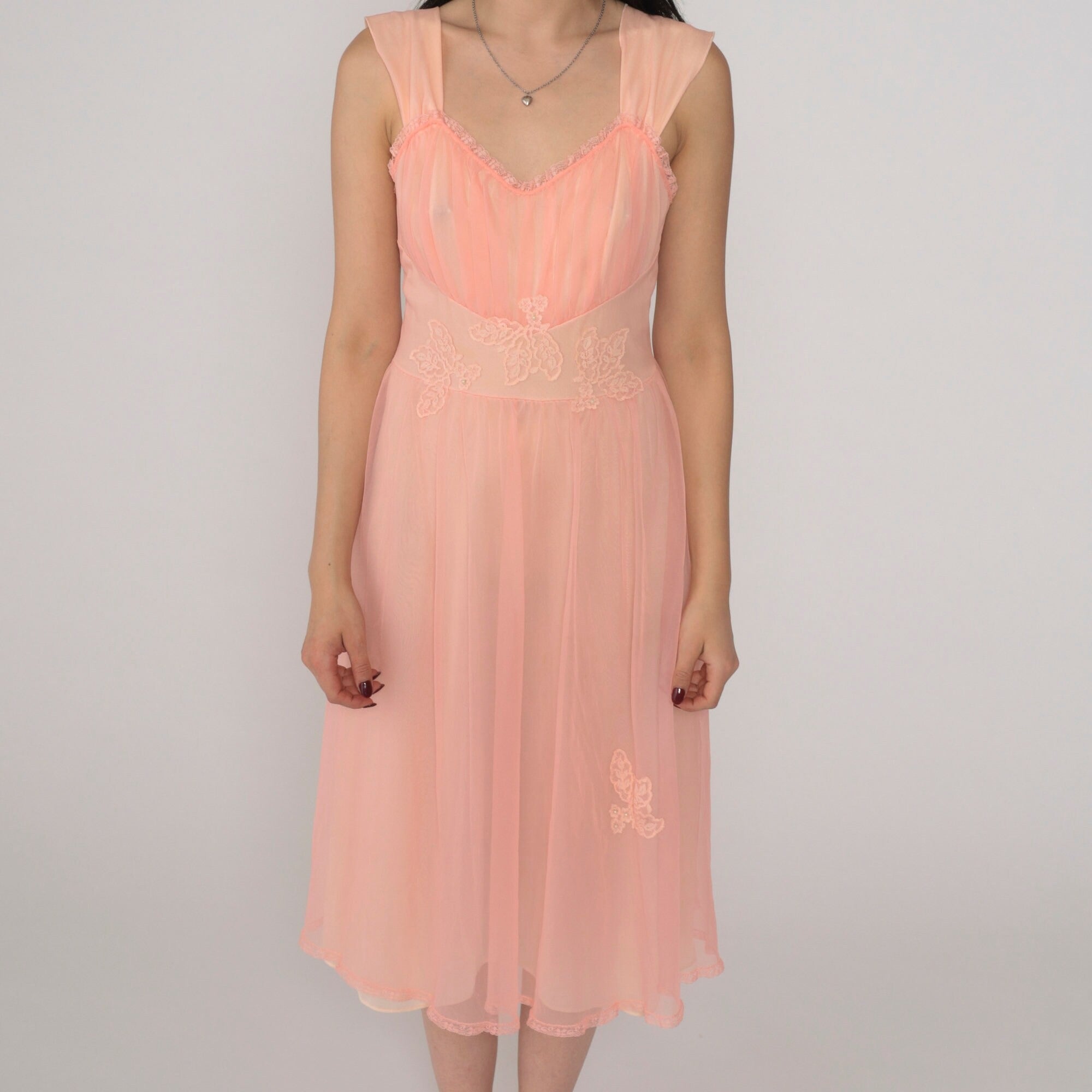 Peach Sheer Lace Mesh Nightgown – Romantic Lingerie Dress