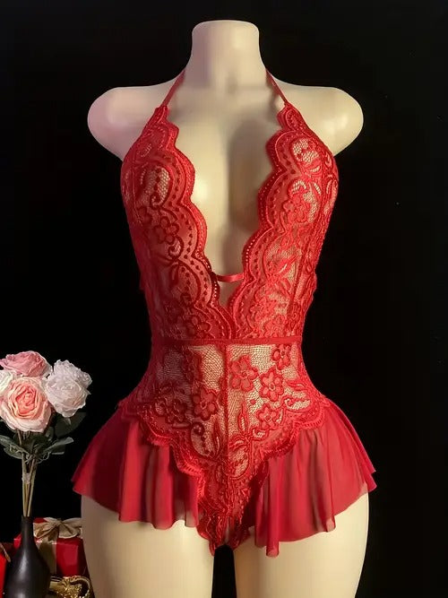 2pcs Solid Color Floral Lace Sexy Lingerie Set, V-Neck Camisole with Cross Design and Open Crotch Bodysuit