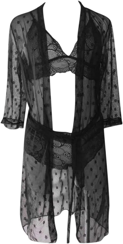 3-Piece Lace Lingerie Set with Sheer Robe