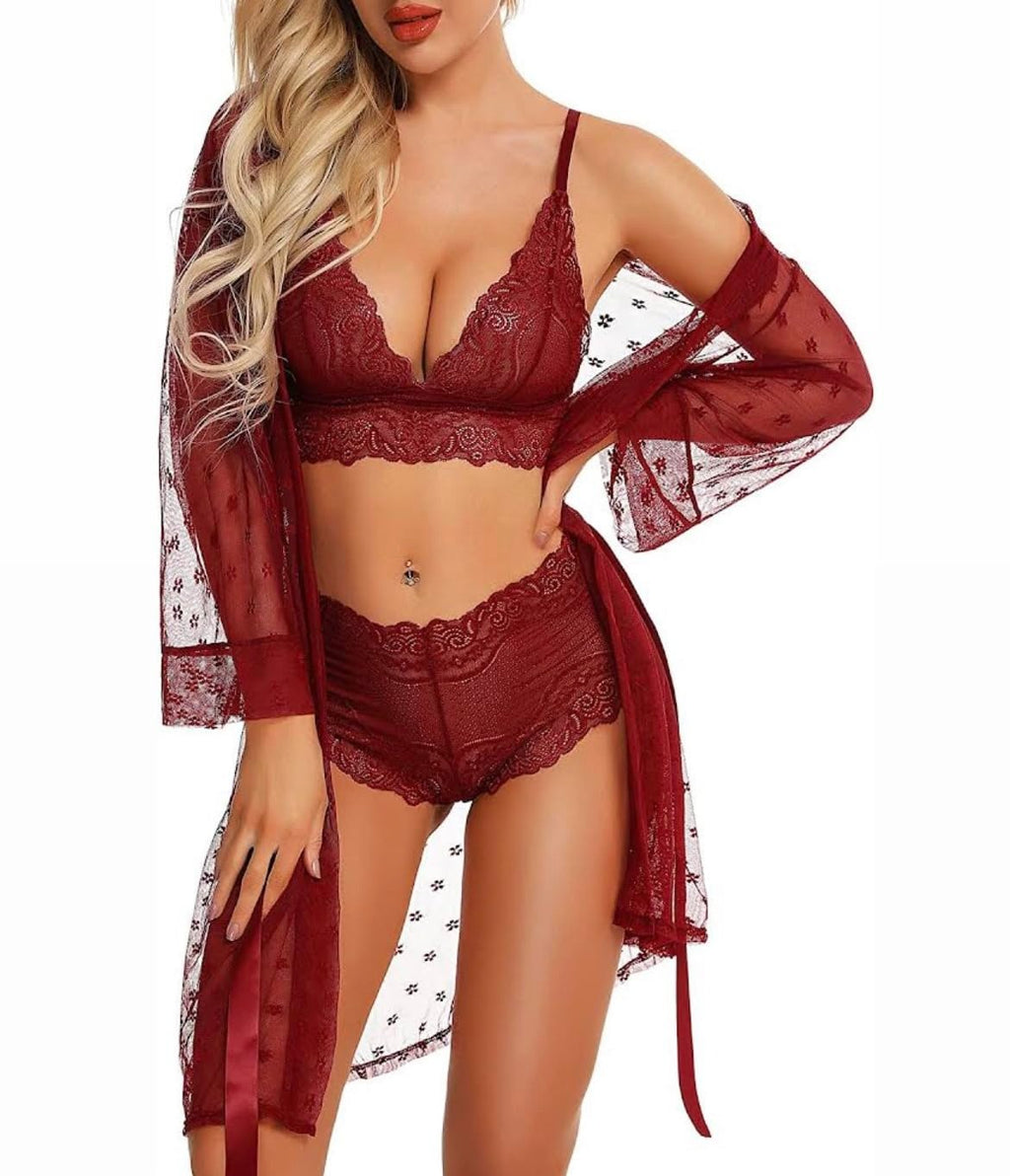 3-Piece Lace Lingerie Set with Sheer Robe