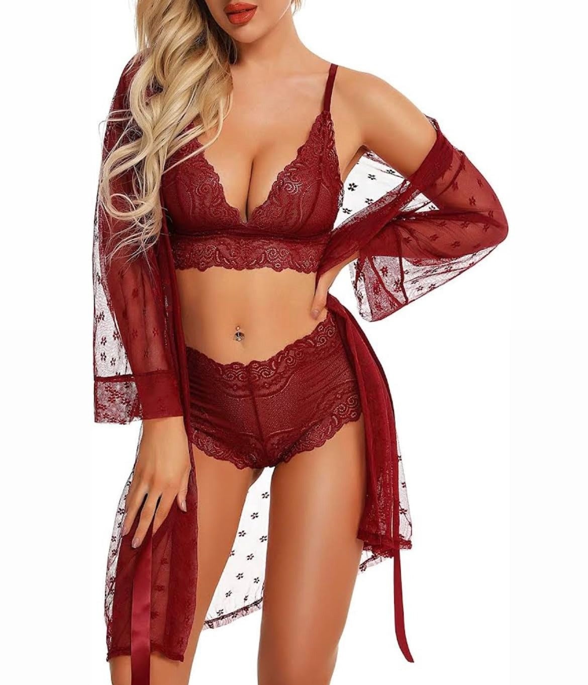 3-Piece Lace Lingerie Set with Sheer Robe