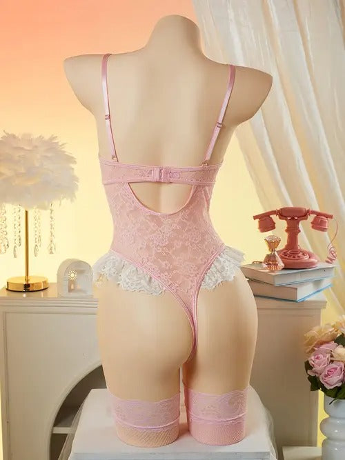 2pcs Solid Color Floral Lace Sexy Lingerie Set, V-Neck Camisole with Cross Design and Open Crotch Bodysuit