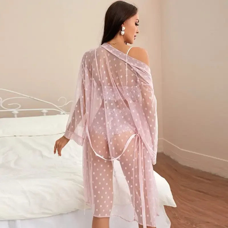 Elegant Embroidered Lace Lingerie Set – 3-Piece Bra, Panty & Sheer Robe