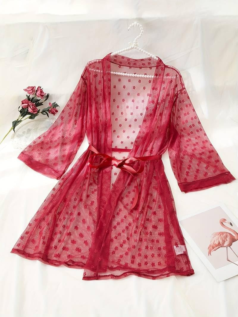 3-Piece Lace Lingerie Set with Sheer Robe