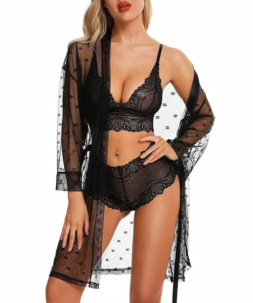 3-Piece Lace Lingerie Set with Sheer Robe