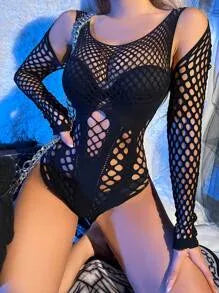 Hollow-Out Fishnet Teddy Bodysuit – No Liner