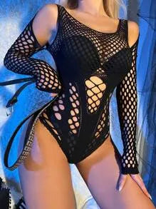 Hollow-Out Fishnet Teddy Bodysuit – No Liner