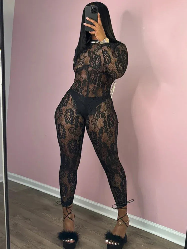 Elegant Black Lace Sheer Jumpsuit