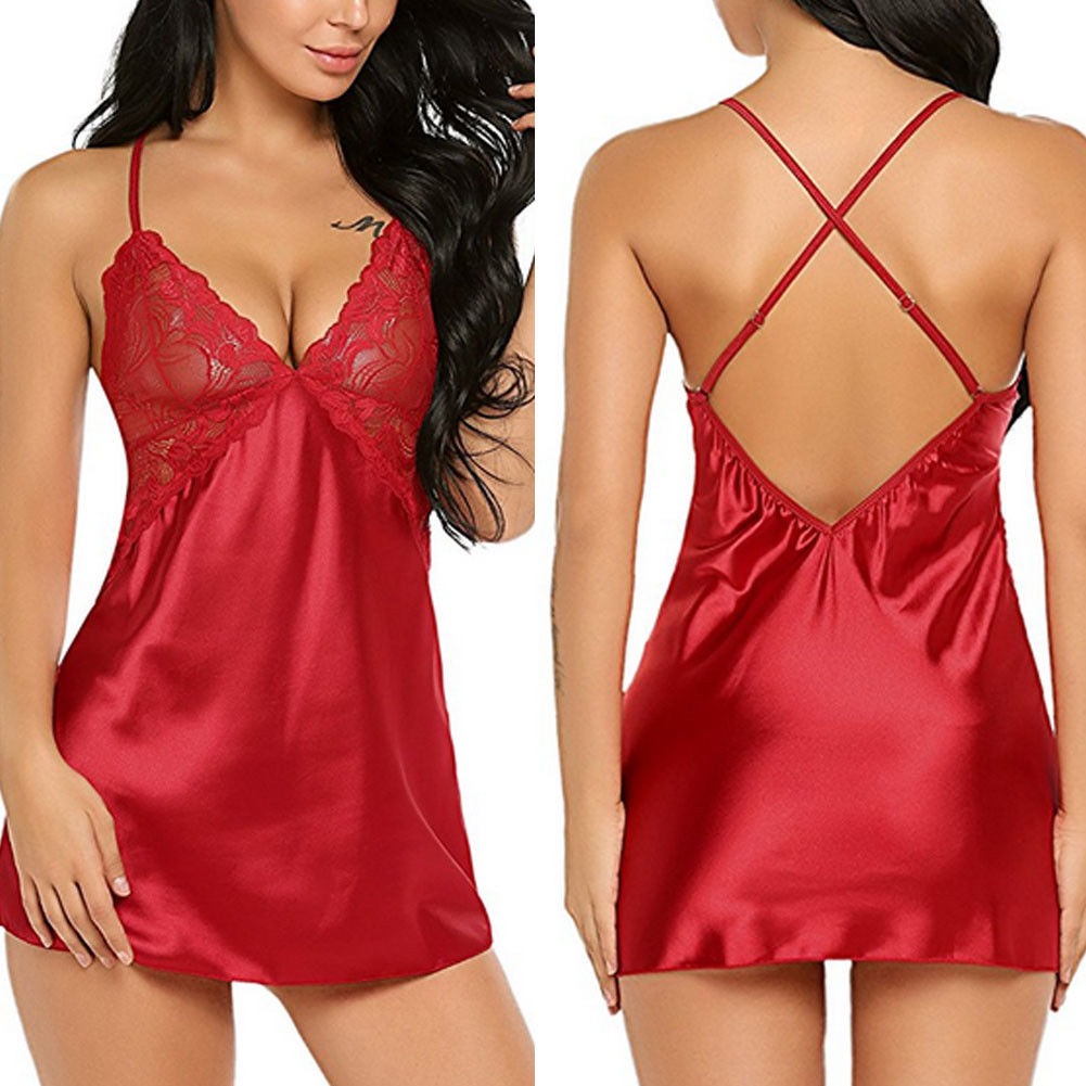 Elegant Crimson Lace Satin Chemise – Allure Meets Comfort