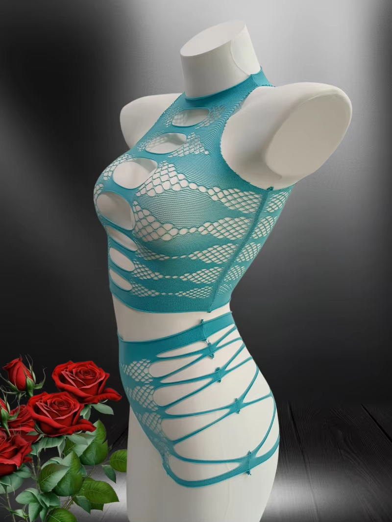 Teal Cut-Out Fishnet Bodysuit Lingerie
