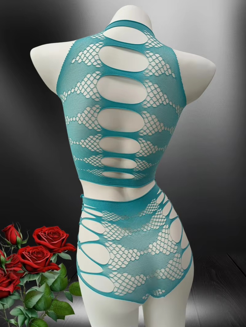 Teal Cut-Out Fishnet Bodysuit Lingerie