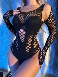 Hollow-Out Fishnet Teddy Bodysuit – No Liner