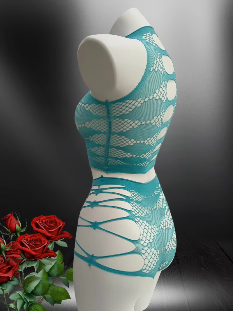 Teal Cut-Out Fishnet Bodysuit Lingerie