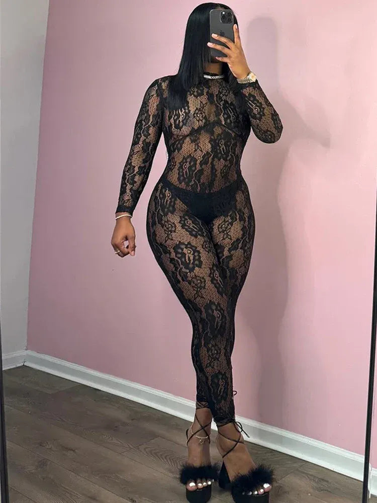 Elegant Black Lace Sheer Jumpsuit