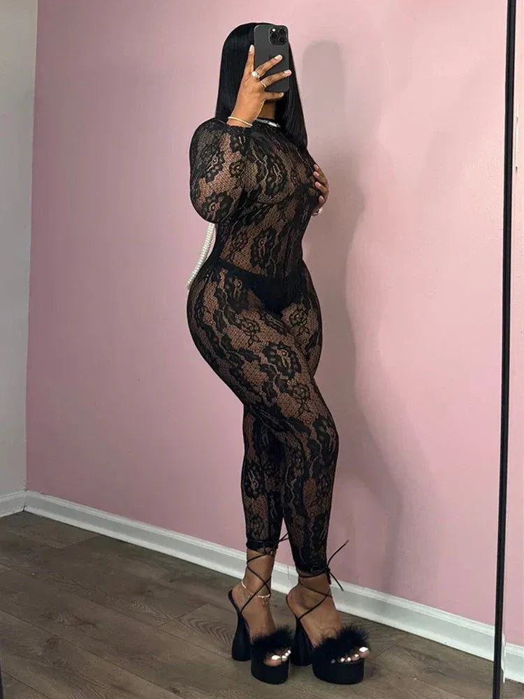 Elegant Black Lace Sheer Jumpsuit