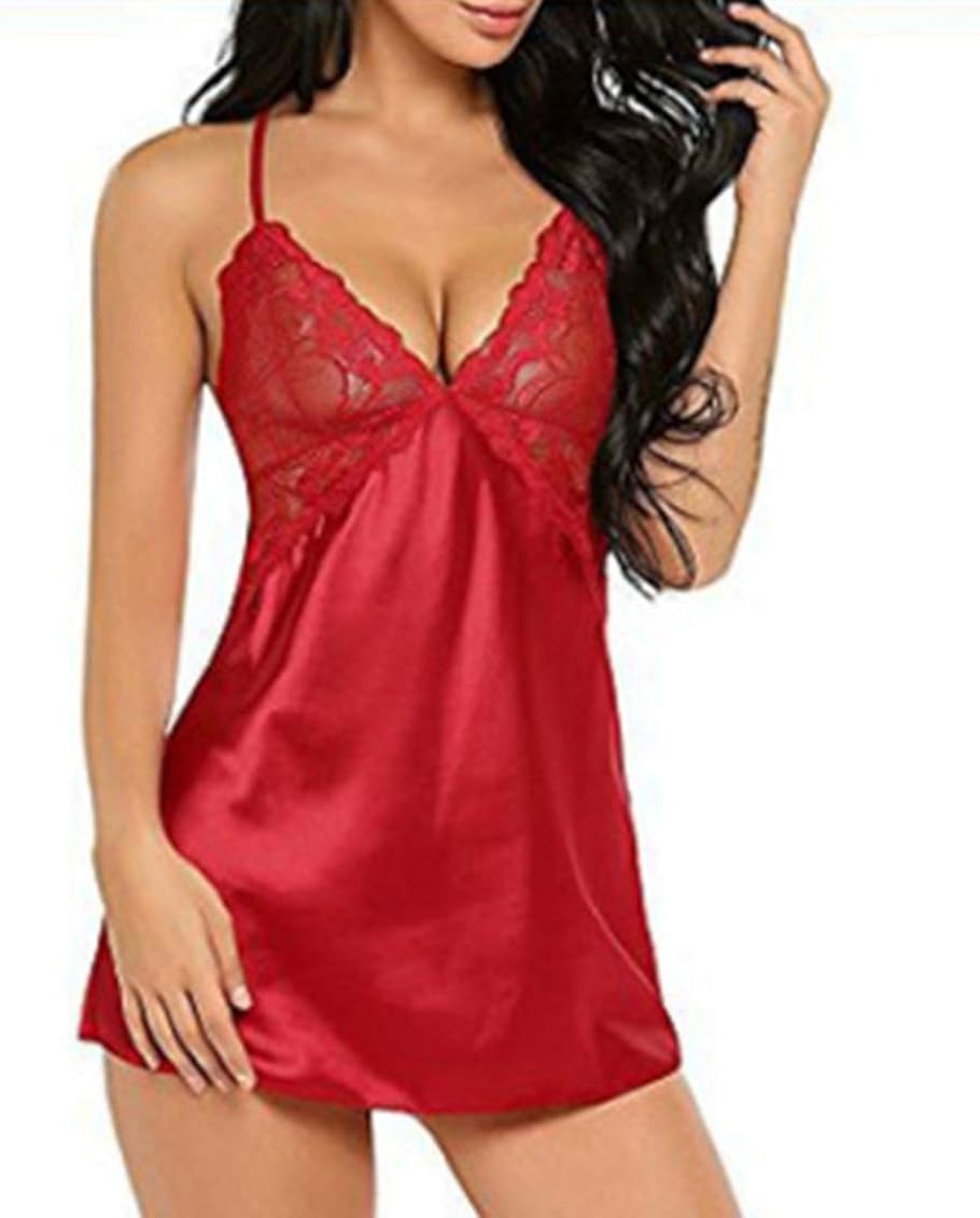 Elegant Crimson Lace Satin Chemise – Allure Meets Comfort