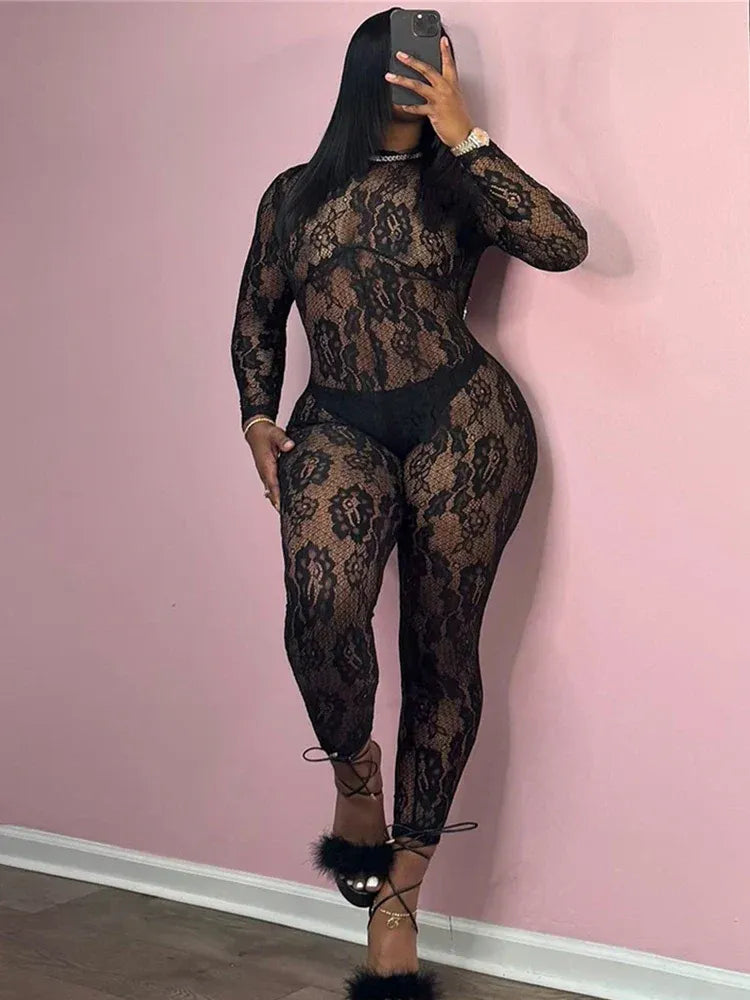 Elegant Black Lace Sheer Jumpsuit